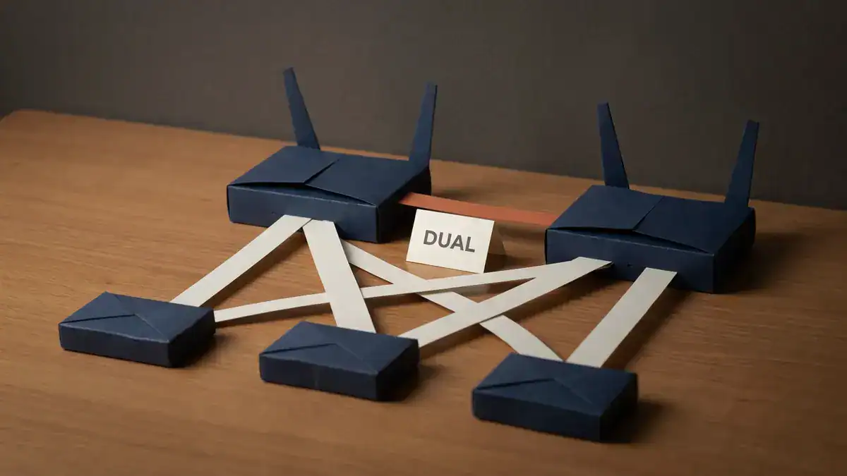 Two navy paper hub routers joined by an orange strip, with a card reading DUAL, and three smaller paper routers in front, each linked to both hubs by off-white strips.