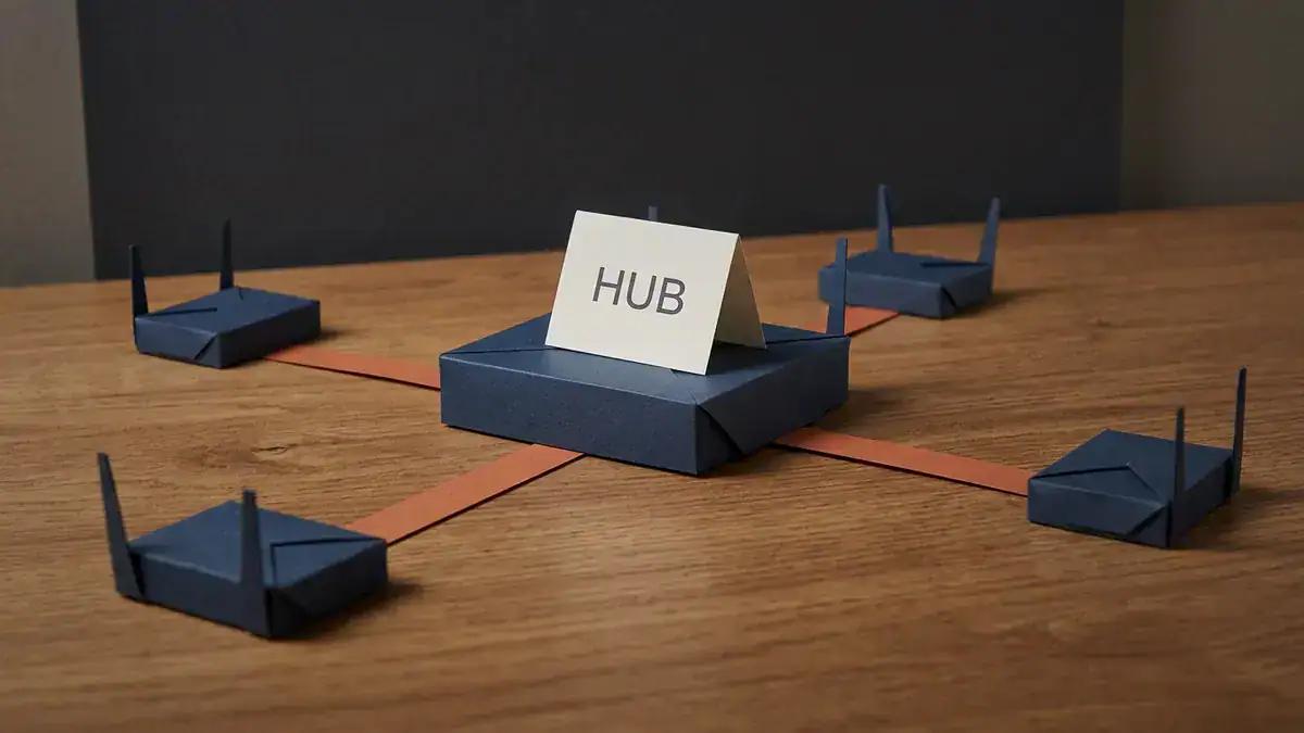 A navy paper hub router in the centre of a wooden table with a card reading HUB, joined by four orange paper strips to four smaller paper routers around it.