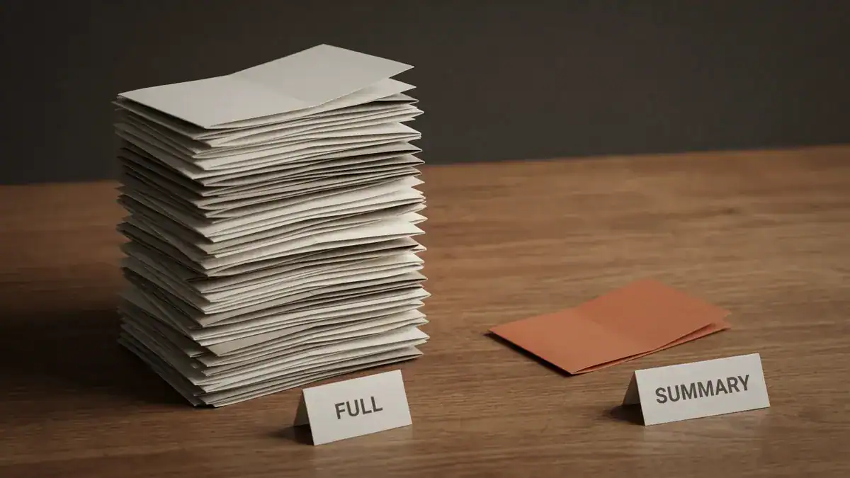 A tall leaning stack of paper slips with a card reading FULL, next to a single orange paper slip with a card reading SUMMARY, on a wooden table.