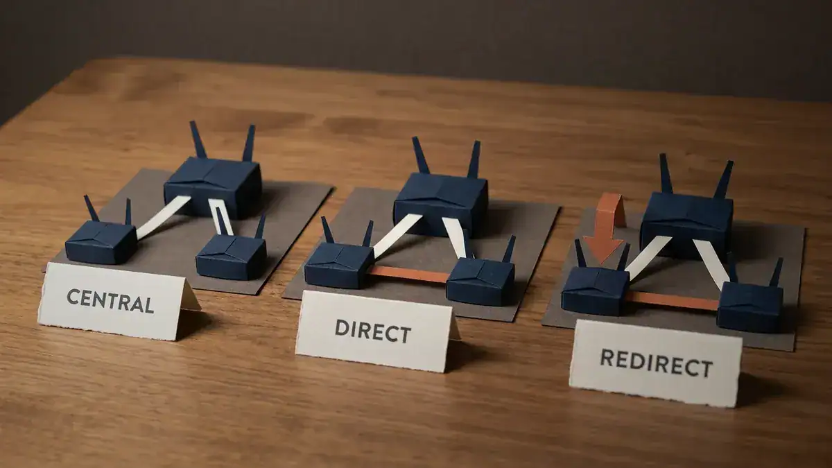Three small paper router dioramas side by side, labelled CENTRAL, DIRECT and REDIRECT: hub links only, an orange strip straight between the spokes, and the same with an orange arrow from the hub.