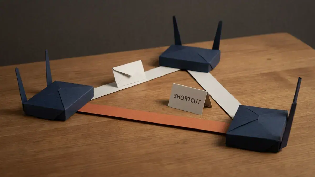 Three navy paper routers in a triangle on a wooden table, off-white strips from the back router to each front router, a paper envelope on one strip, and an orange strip between the front routers beside a card reading SHORTCUT.