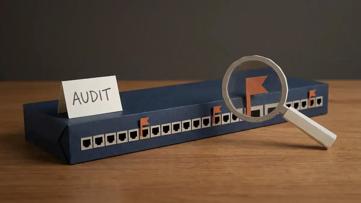 A long navy paper switch on a wooden table with one row of paper ports. A few ports have small orange paper flags, a paper magnifying glass enlarges one of them, and a card at the left end reads AUDIT.