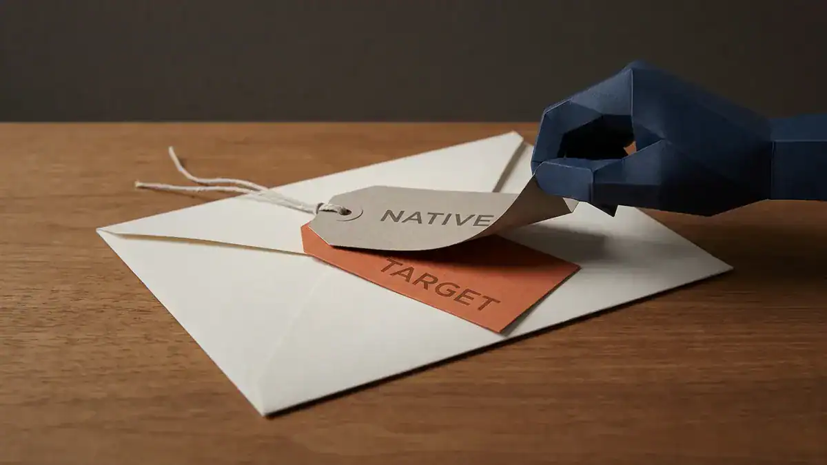 An off-white paper envelope on a wooden table with two tags tied to it. A navy paper hand peels off the outer grey tag reading NATIVE, leaving the orange tag reading TARGET attached underneath.