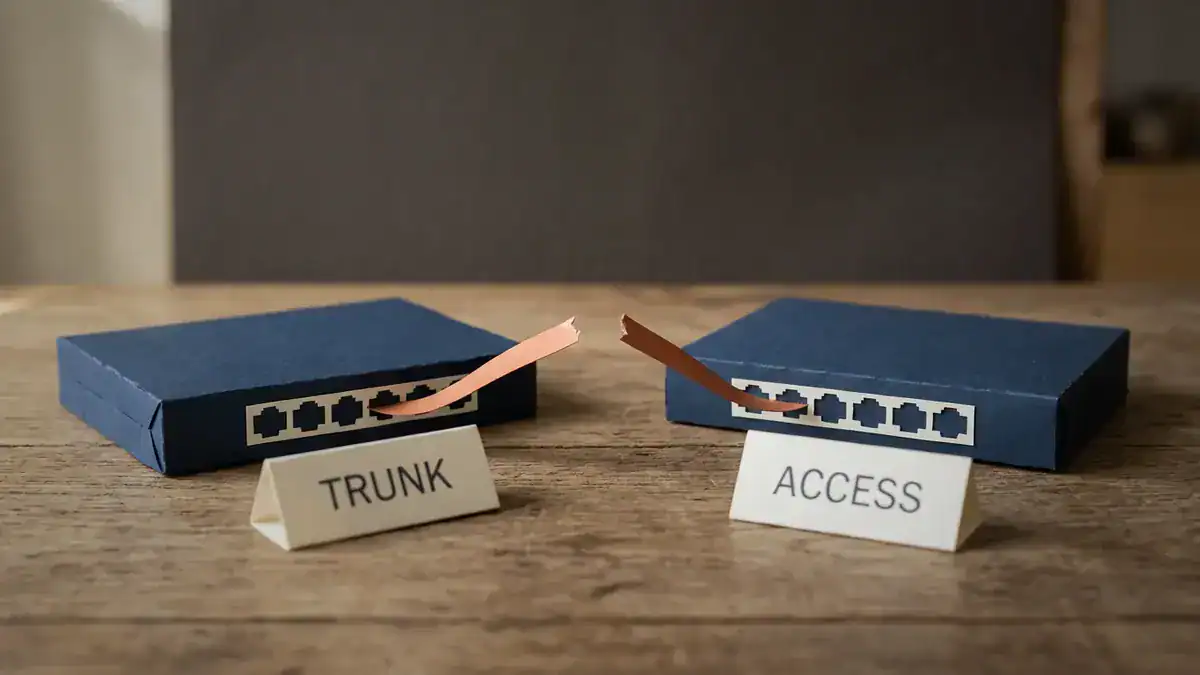 Two navy paper switches on a wooden table, each plugged into one orange paper strip that is torn through in the middle. A card in front of the left switch reads TRUNK, the one on the right reads ACCESS.