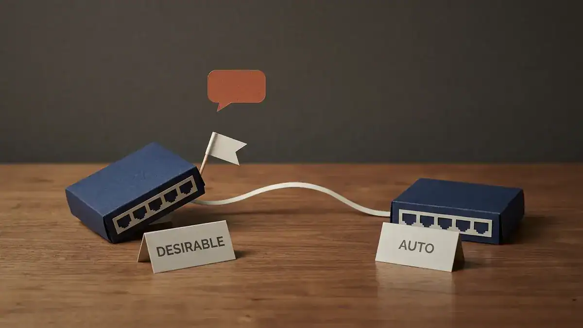 Two navy paper switches on a wooden table joined by one off-white paper cable. The left one tilts forward under a raised flag and an orange speech bubble, labelled DESIRABLE; the right one sits still, labelled AUTO.