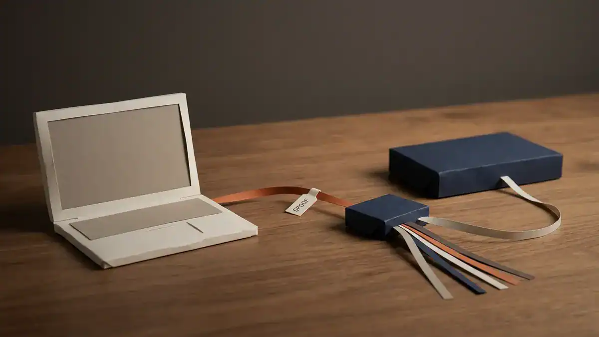 A paper laptop connected by an orange paper cable, tagged SPOOF, to a small navy paper switch. Several coloured paper ribbons fan out of the switch, and a second cable runs to a larger navy switch behind it.