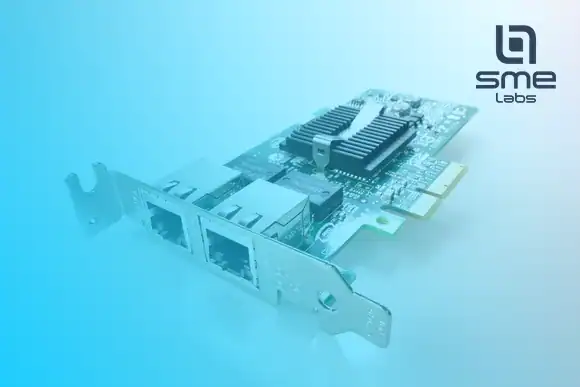 A dual-port Ethernet network card with two RJ45 ports on a white surface, with a sky blue fade from the bottom-left corner.