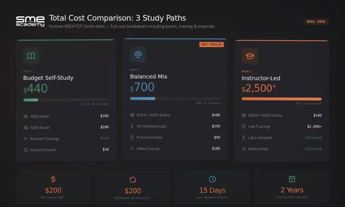 Total cost comparison of three NSE4 study paths: budget self-study, balanced mix, and instructor-led training