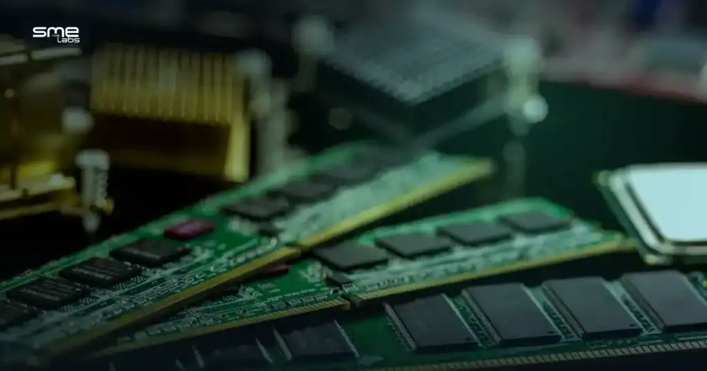 Close-up of RAM modules and CPU heatsink on a motherboard, representing bare-metal hardware used to build a Proxmox homelab