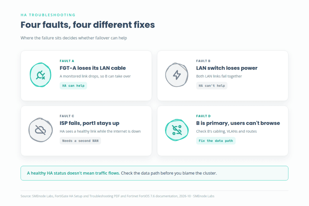 FortiGate HA troubleshooting: four faults, LAN cable loss, LAN switch power loss, ISP failure and B primary with no browsing