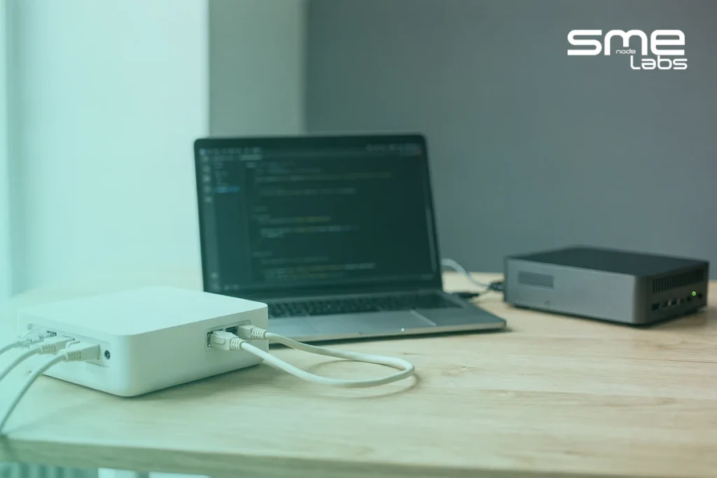 MikroTik practice lab: a laptop running a terminal, a router with Ethernet cables and a second small PC on a desk