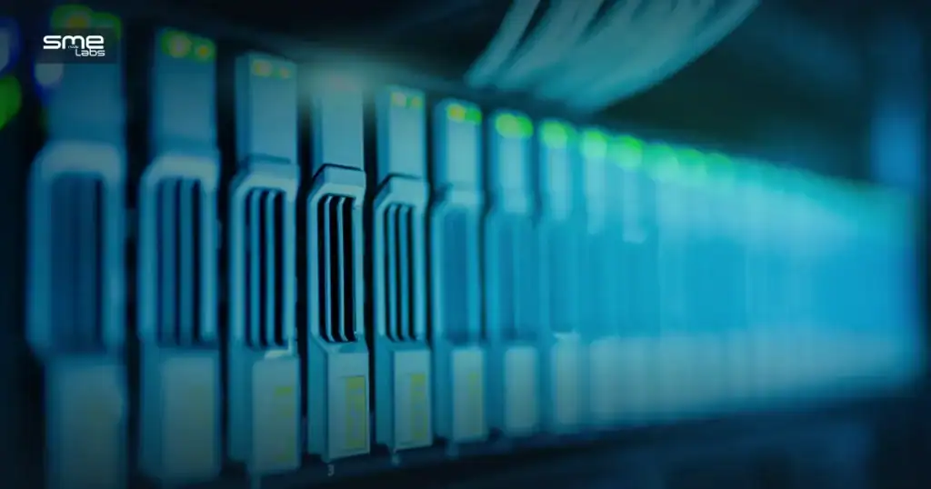 Server rack with glowing status lights and network cables, representing network automation infrastructure