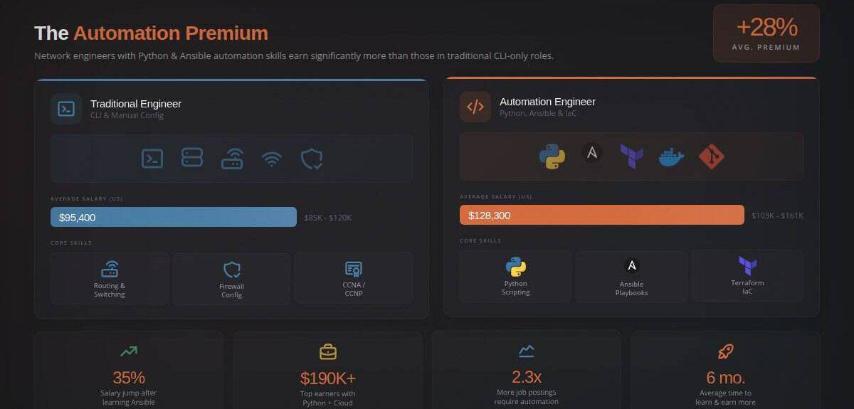 Comparison chart: traditional network engineer at $95,400 average salary versus automation engineer at $128,300, a 28% premium