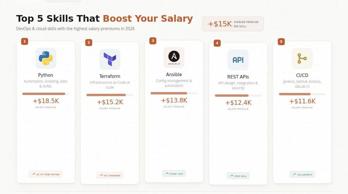 Top 5 skills ranked by salary premium: Python +$18.5K, Terraform +$15.2K, Ansible +$13.8K, REST APIs +$12.4K, CI/CD +$11.6K