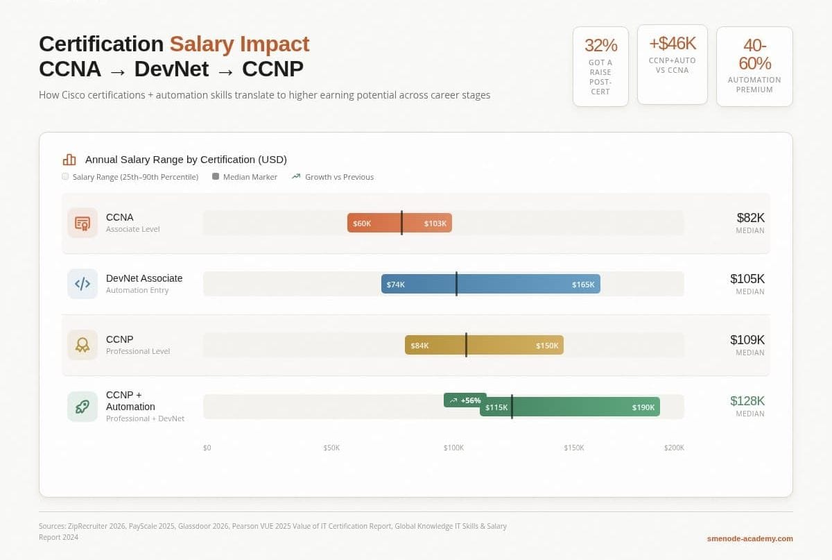 Certification salary impact chart: CCNA median $82K, DevNet Associate median $105K, CCNP median $109K, CCNP plus Automation median $128K, a 56% jump over CCNA alone