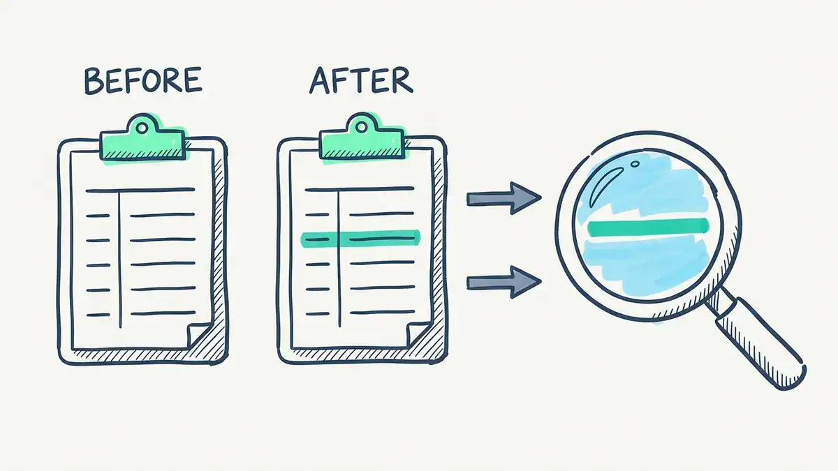 Sketch of two clipboards labelled BEFORE and AFTER with identical rows, except one row on AFTER is turquoise. Arrows from both lead to a magnifying glass that shows only that turquoise row.