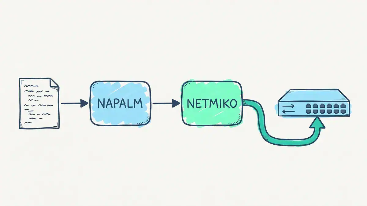 Sketch of a left-to-right chain: a sheet of code points to a light blue box labelled NAPALM, which points to a green box labelled NETMIKO, and a thick turquoise cable runs from NETMIKO into a network switch.