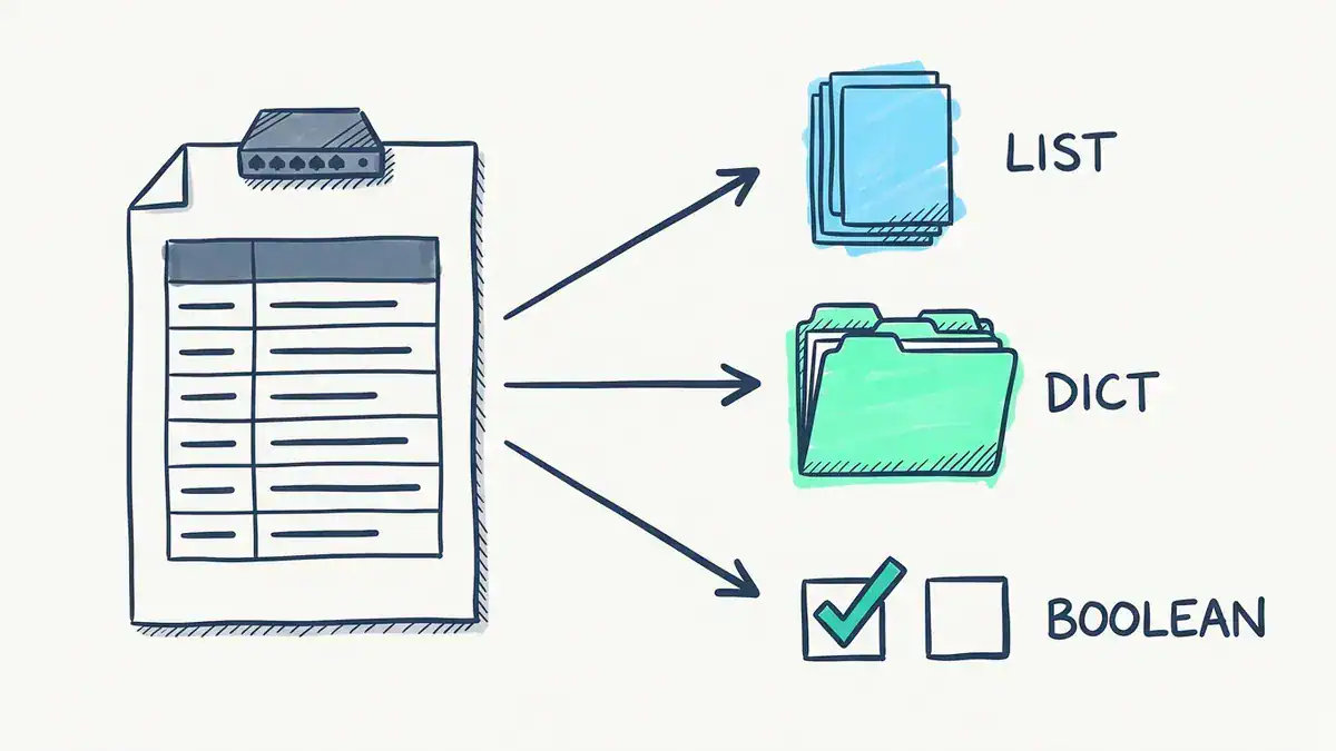 Sketch of one printed table with a small switch clipped to it, and three arrows leading to a stack of light blue cards labelled LIST, a green folder labelled DICT, and two checkboxes, one ticked in turquoise, labelled BOOLEAN.