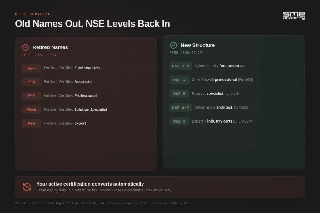 Comparison of retired Fortinet certification names FCF FCA FCP FCSS FCX against the restored NSE 1 through 8 level structure