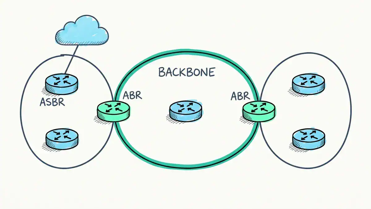 Three ovals: a turquoise BACKBONE oval in the centre joined to a left and a right oval by two green ABR routers, with an ASBR router in the left oval linked to a cloud.