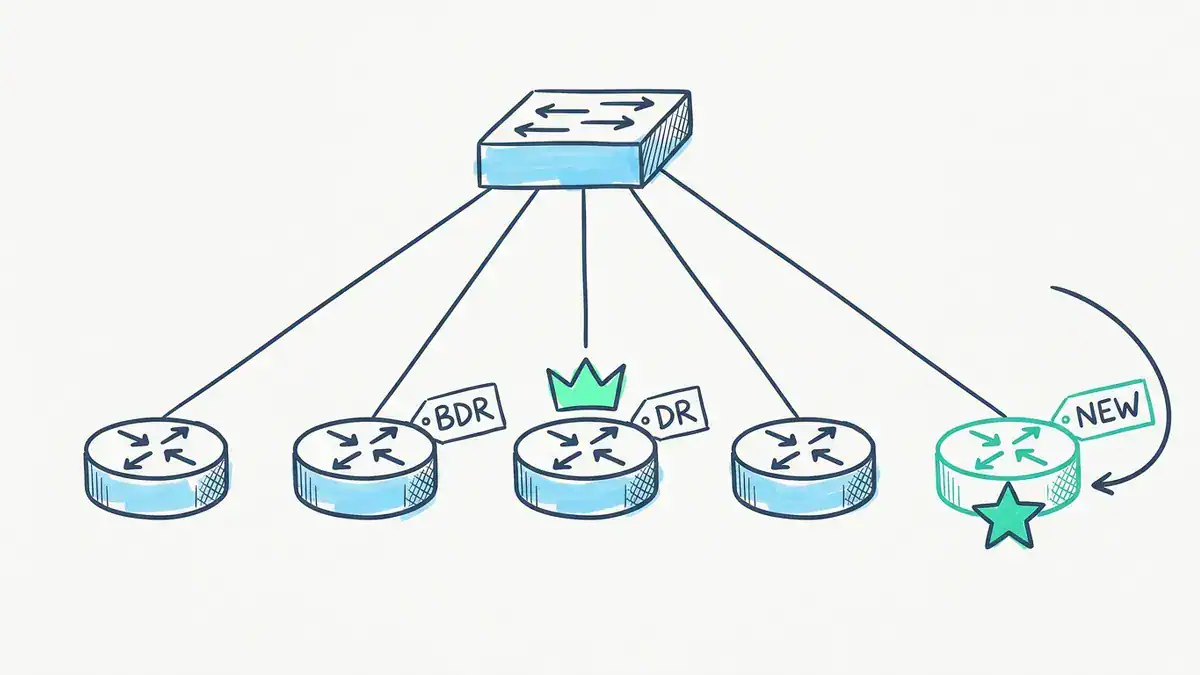 Five routers hang from one switch. The middle router wears a crown and a DR tag, the second router has a BDR tag, and a turquoise newcomer on the right with a star badge and a NEW tag has no crown.