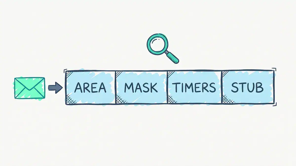 A green envelope opens into a row of four light blue blocks labelled AREA, MASK, TIMERS and STUB, with a turquoise magnifying glass hovering above the row.
