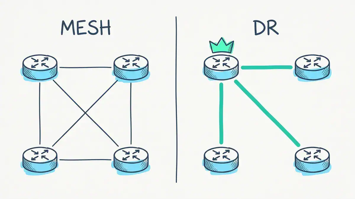 Two panels. MESH shows four routers joined by six crossing lines. DR shows the same four routers with three turquoise lines running only to the crowned router.