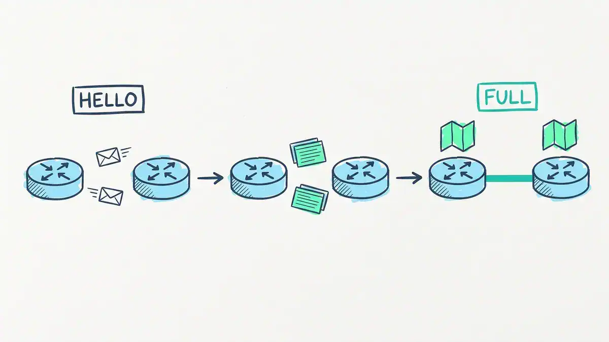 Three pairs of routers from left to right: the first pair swaps Hello envelopes, the second swaps stacks of cards, the third is joined by a turquoise link with identical maps above both routers. Labelled HELLO and FULL.