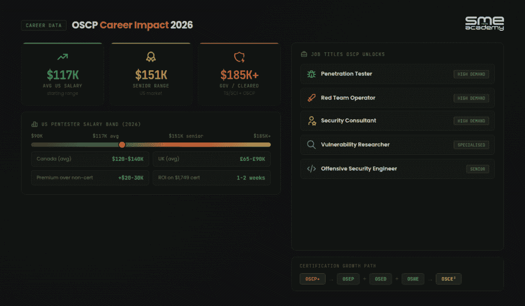 Career impact data: average US salary 117K, senior range 151K, government and cleared roles 185K-plus, Canada average 120K-140K CAD, UK average 65K-90K GBP, job titles OSCP unlocks including Penetration Tester and Red Team Operator