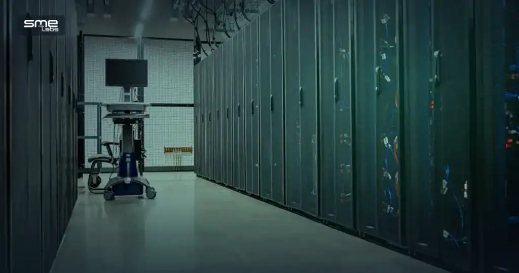 Proxmox vs Docker comparison guide cover with duotone data center server aisle background