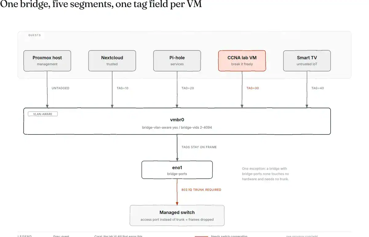 Diagram of one VLAN-aware vmbr0 bridge carrying five segments: an untagged management host plus guests tagged 10, 20, 30 and 40, trunked to a managed switch