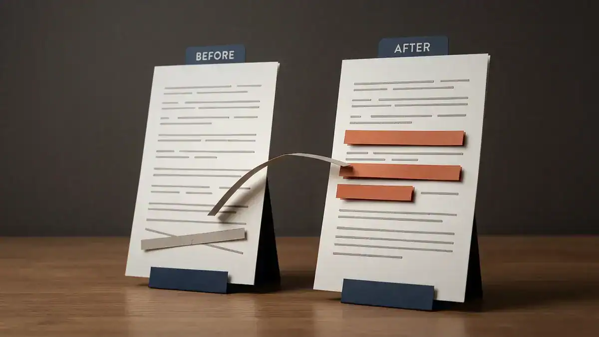 Two upright paper sheets on navy stands, tabbed BEFORE and AFTER. The right sheet has three orange strips over changed lines, the left has one line crossed out by a grey strip.