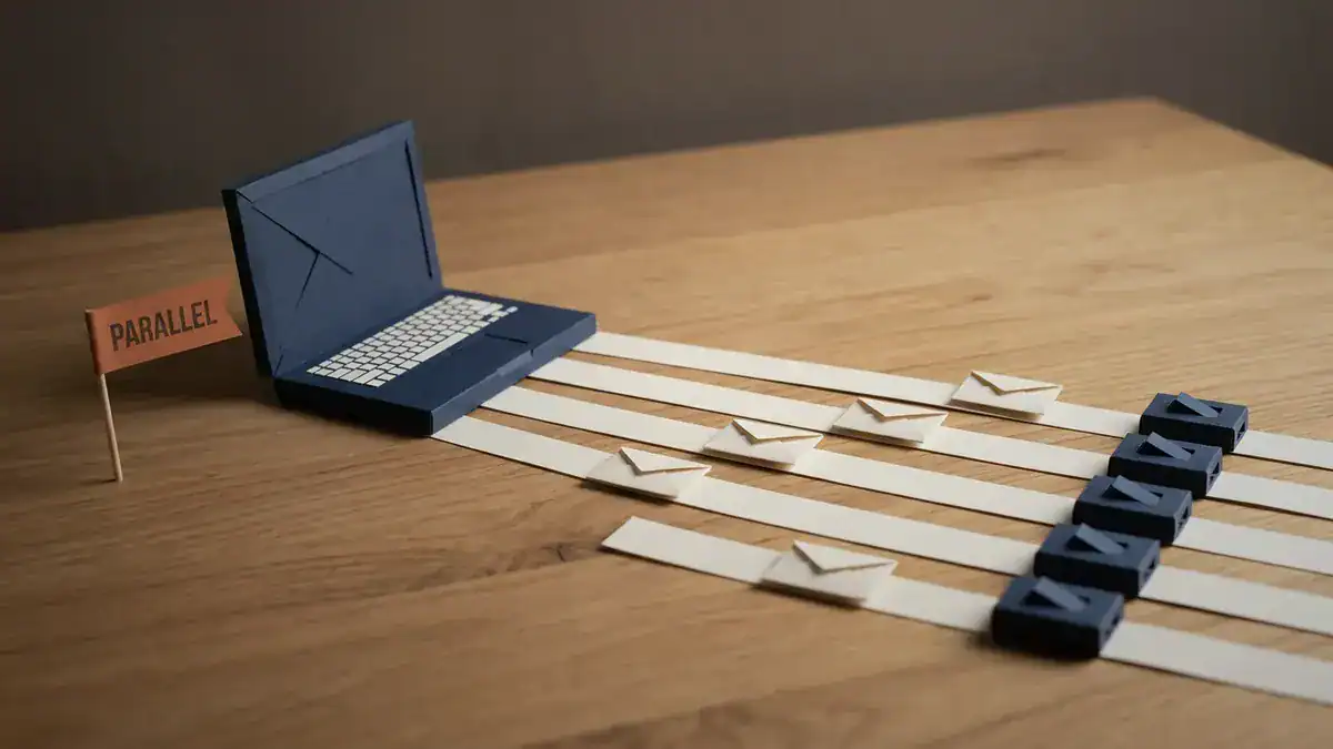 Paper-craft scene: a navy paper laptop beside an orange flag reading PARALLEL, with five paper lanes running to five small navy switches, one paper envelope on each lane.
