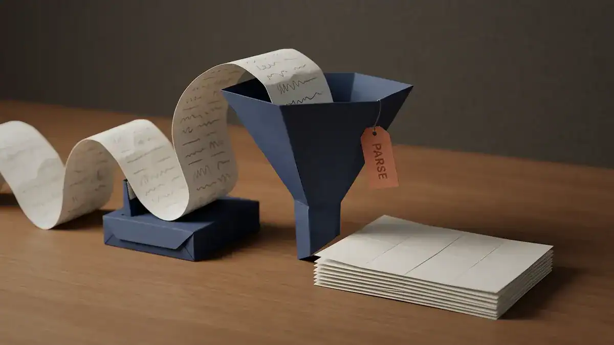Paper-craft scene: a long scribbled paper ribbon from a navy router feeds a navy paper funnel tagged PARSE, and a neat stack of blank gridded cards comes out the other side.