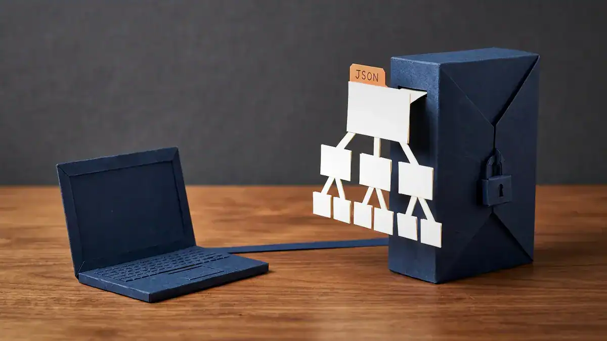 A navy paper laptop joined by one paper strip to a tall navy paper router with a padlock, which passes out a paper tree of blank cards topped by an orange tab reading JSON.