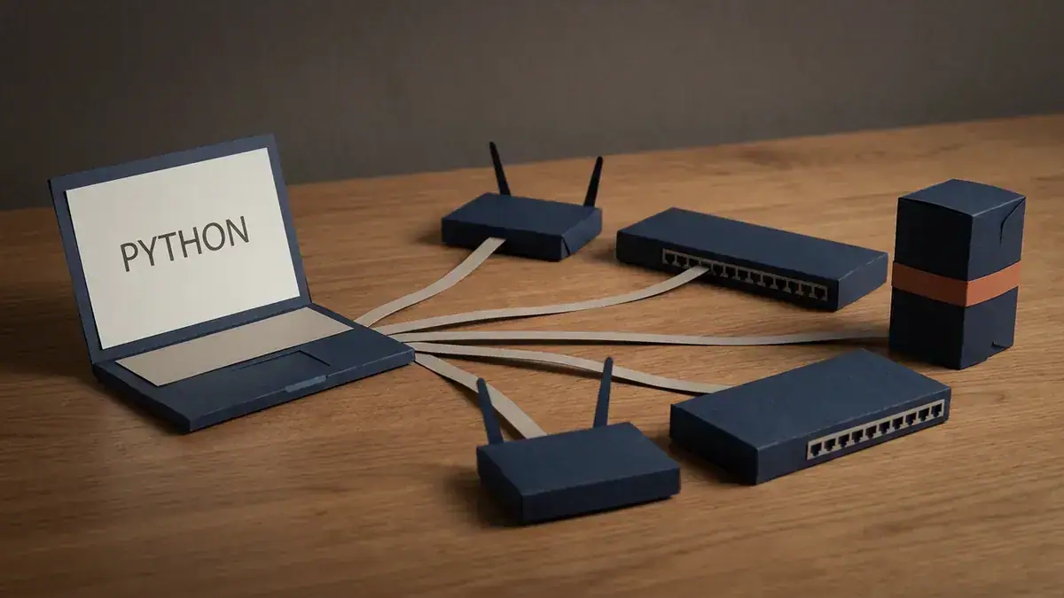 Paper-craft lab on a wooden table: a navy paper laptop whose screen reads PYTHON, joined by five paper strips to two routers, two switches and a taller router with an orange band.