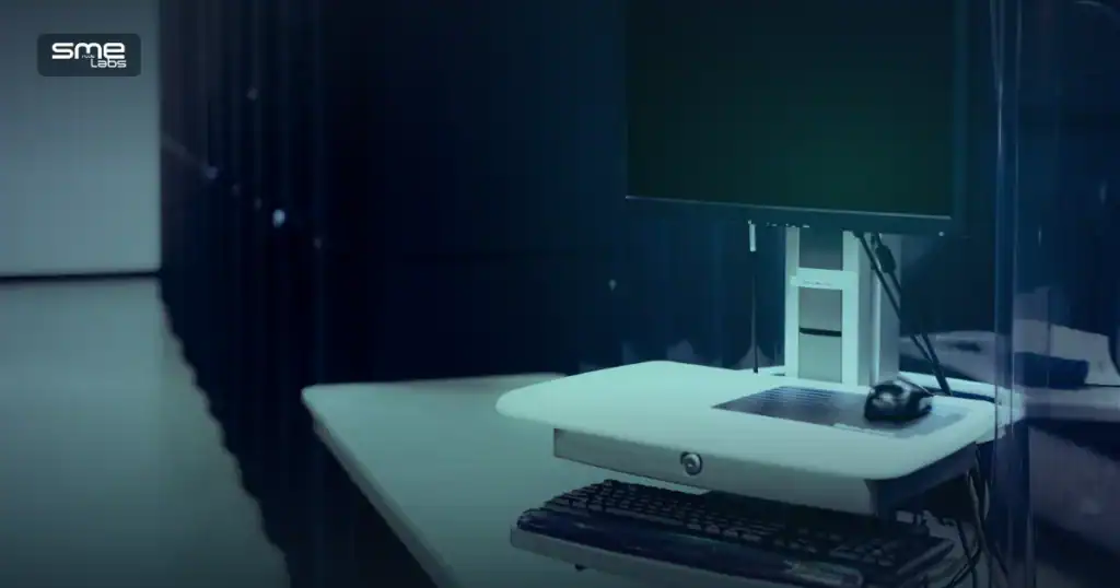 White workstation desk with a dark monitor in a data center server aisle