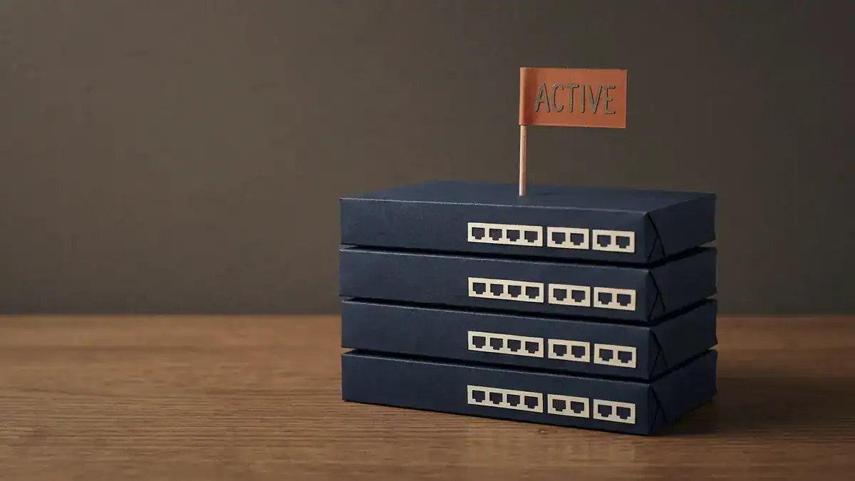 Four navy paper switches stacked in one pile on a wooden table, with an orange paper flag reading ACTIVE on the top switch.