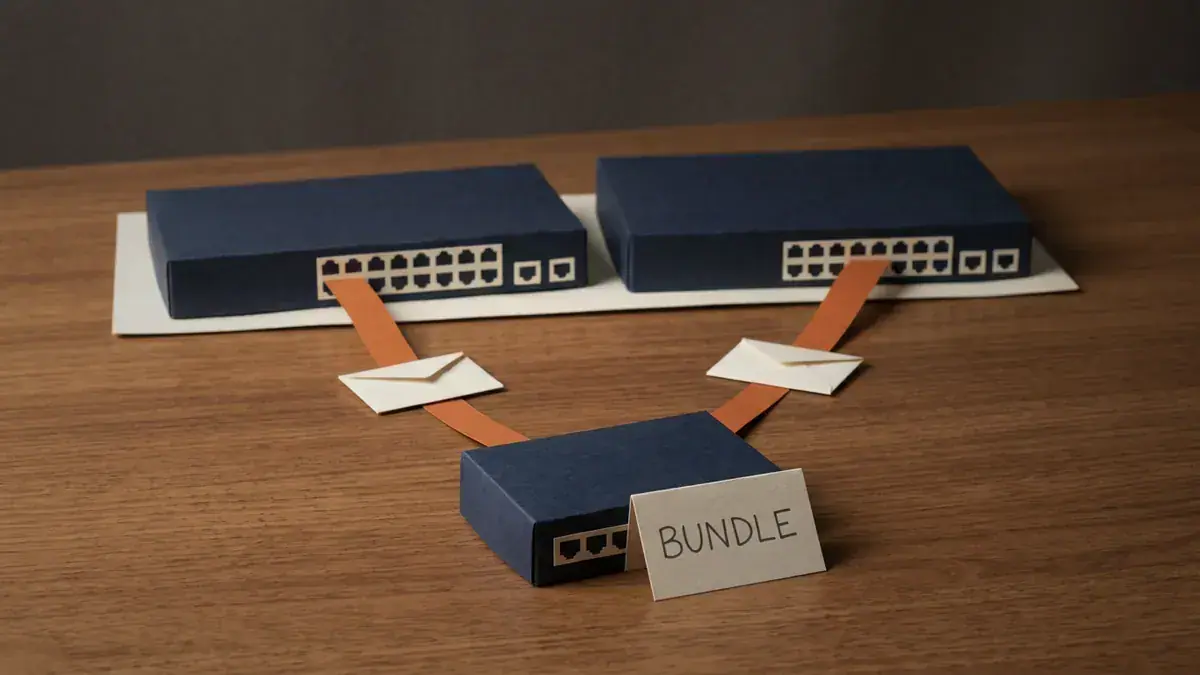 A small navy paper switch with two orange ribbons carrying paper envelopes in a V to two navy switches sitting on one shared base, with a card reading BUNDLE.