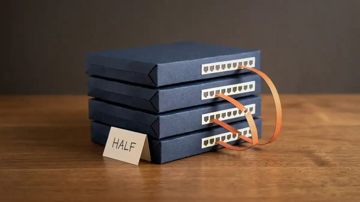 Four navy paper switches stacked on a wooden table, linked down one side by orange paper ribbons, one ribbon snapped in two, with a card reading HALF.
