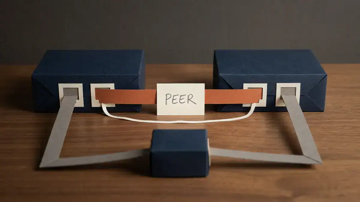 Two navy paper switches joined by a wide orange strip carrying a card that reads PEER, with a separate thin white thread below it, and a smaller switch in front linked to both by grey strips.