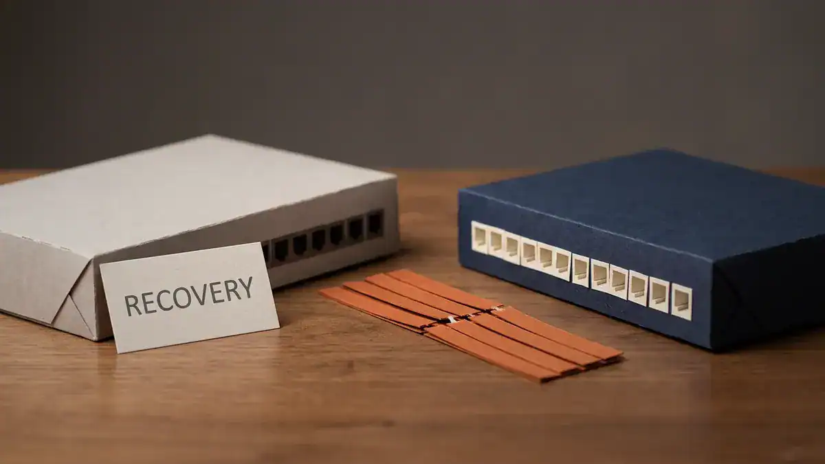 A greyed-out paper switch with a card reading RECOVERY next to a navy paper switch, with a bundle of cut orange paper strips between them on a wooden table.