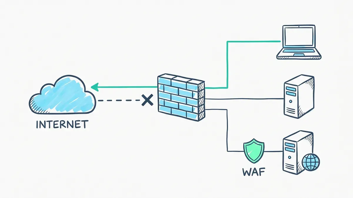 Topology sketch: a cloud labelled INTERNET, a brick-wall firewall and three inside devices. The laptop's turquoise line runs out to the cloud, a dashed line from the cloud ends in an X at the firewall, and a WAF shield guards the web server.