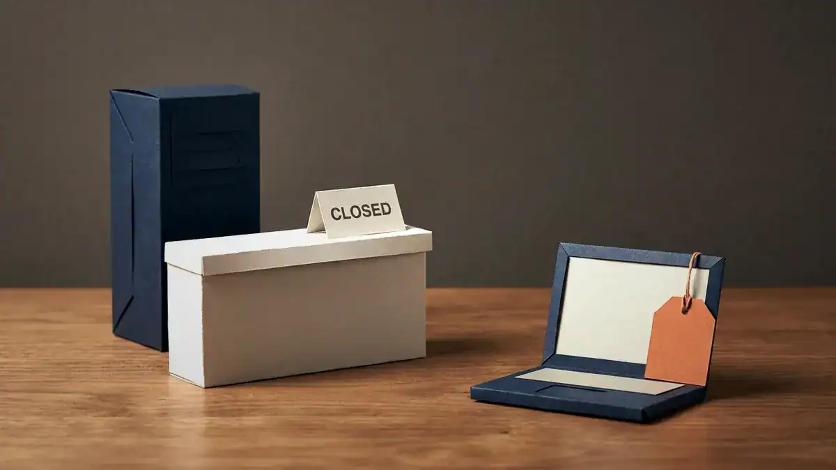 Paper-craft navy server tower behind an off-white counter with a CLOSED card, and a navy paper laptop with a blank orange tag it made for itself.