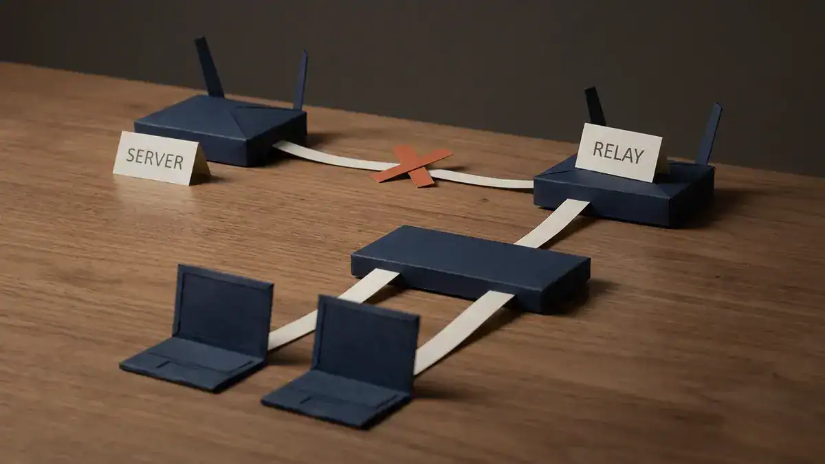 Paper-craft topology: a SERVER router linked to a RELAY router with an orange X on the link, the relay cabled to a switch, and the switch cabled to two laptops.