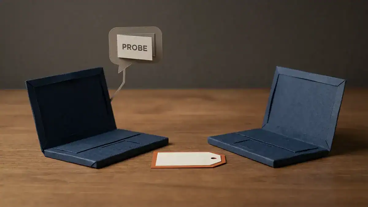 Two navy paper laptops facing each other over one blank address tag, with a grey speech bubble reading PROBE above the left laptop.