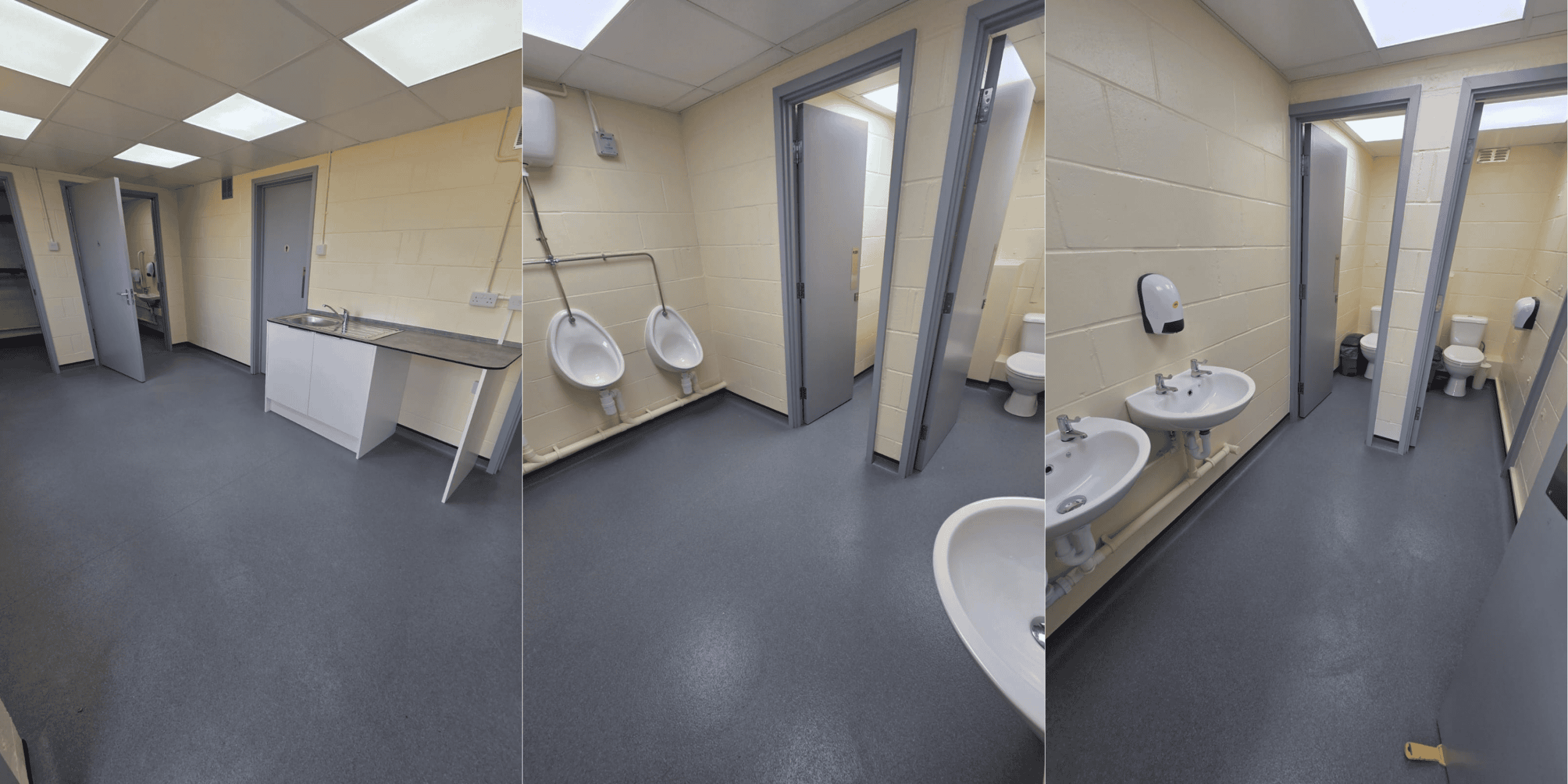 Spacious school washroom interior with urinals, sinks, and stalls at Kings School