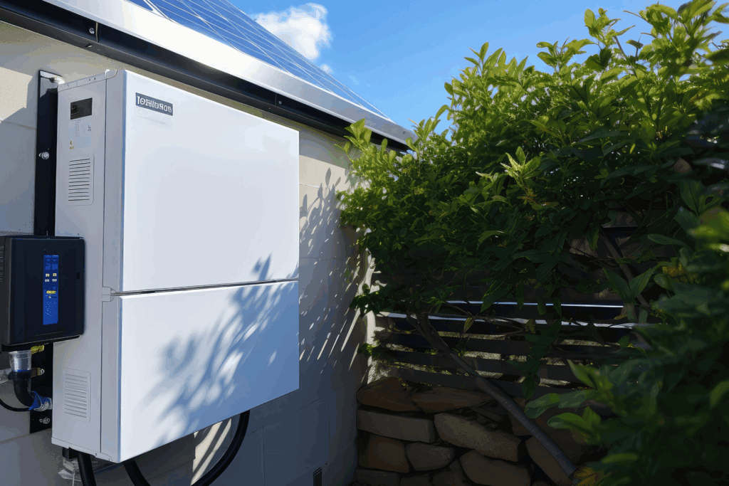 High-efficiency solar panel system with battery storage for sustainable energy solutions, installed outdoors under clear skies to maximize sunlight capture.