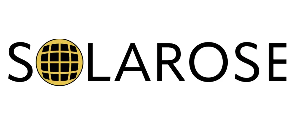 Stylish Solarose logo featuring a gold solar globe icon integrated into the letter "O" against a white background.