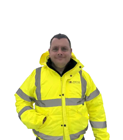 High-visibility yellow jacket with reflective stripes worn by Solarose technician during solar panel installation.